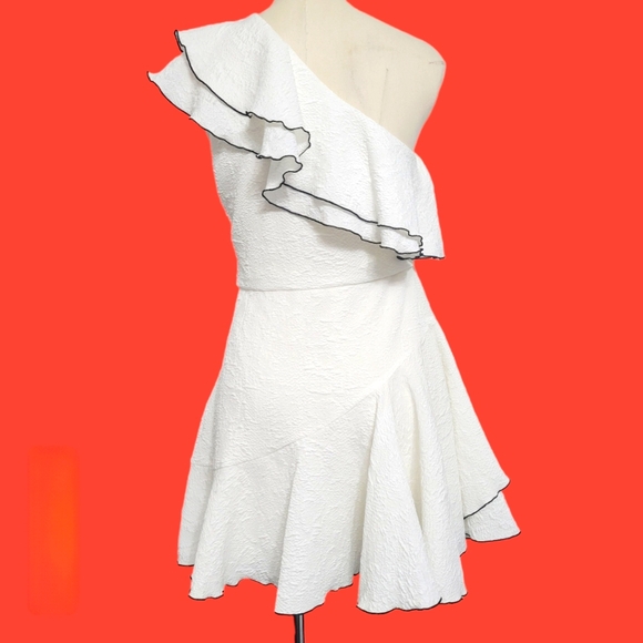 Halston Heritage Women's White Ruff Asymmetric One-shoulder Dress Size 4 - Picture 7 of 11